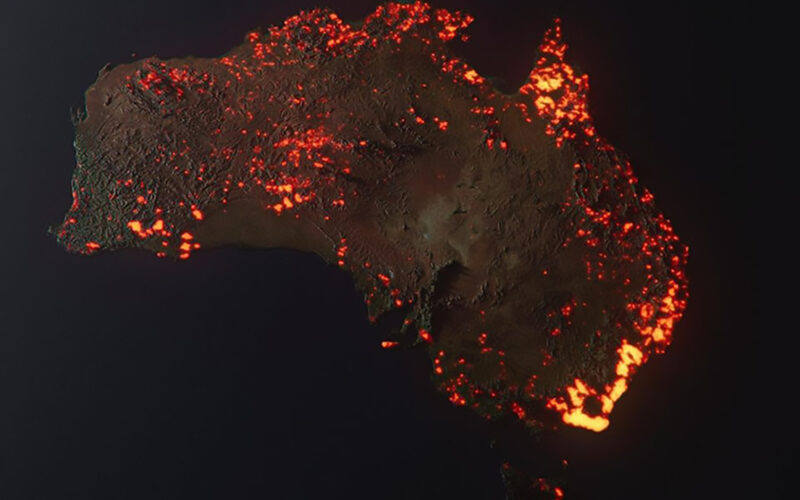 Australia in fiamme 3D|Australia fuochi incendi FIRMS NASA|Massimo Auci|spettro elettromagnetico